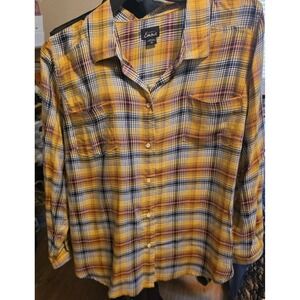 Simply Emma Womens Yellow Plaid Button Down Rayonlong Sleeves Blouse Shirt 2X